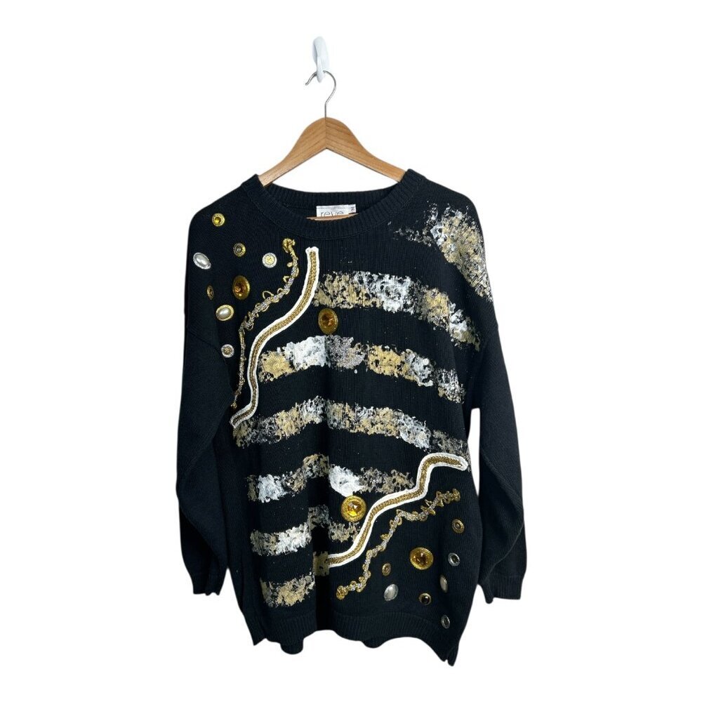 Vintage Hand Painted Beaded Jeweled Women's Black Sweater Sz M Art To Wear‎ USA